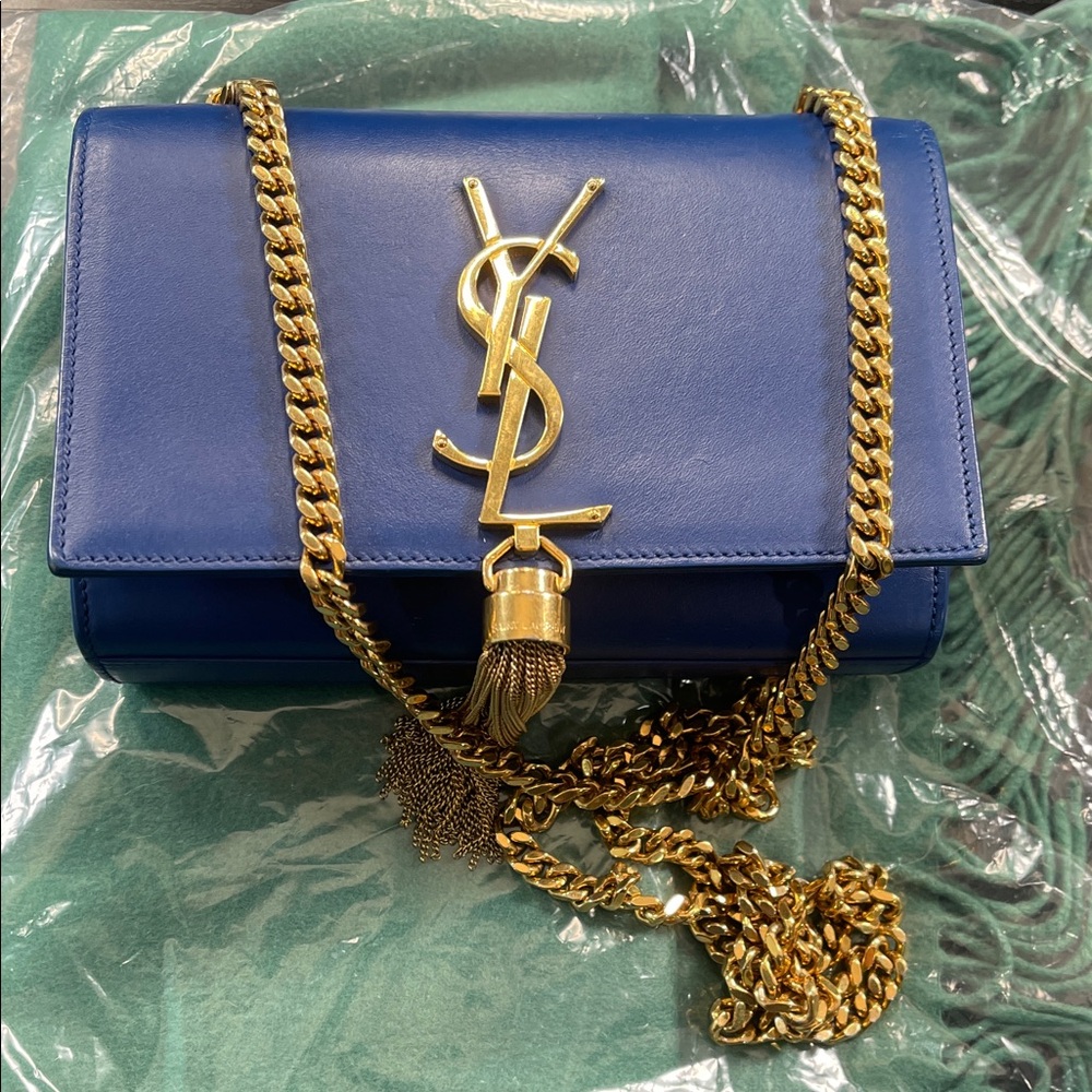 Yves Saint Laurent Blue Crossbody Bag with Gold Chain